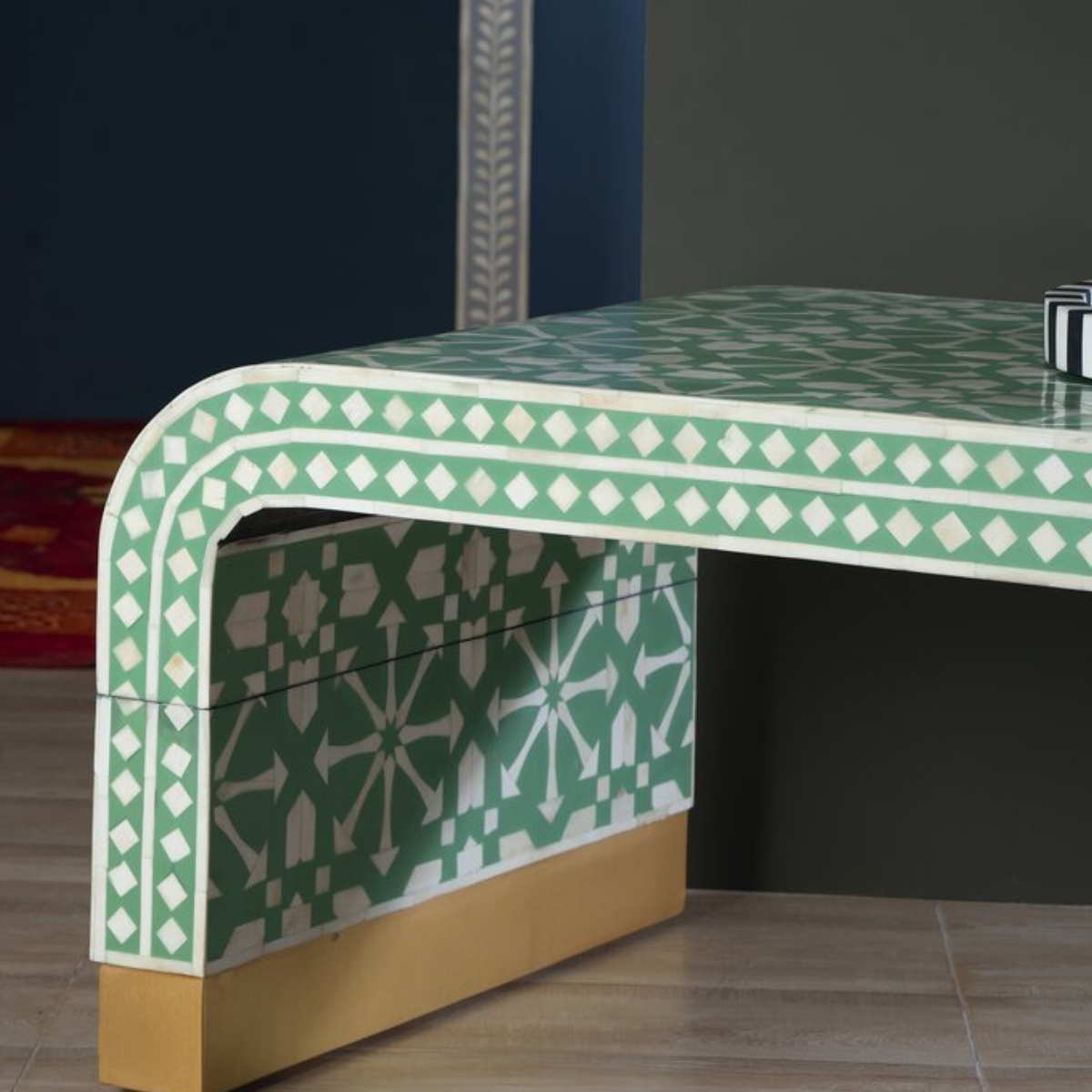 Handmade Green Arrow Bone Inlay Coffee Table | Modern Geometric Center Table