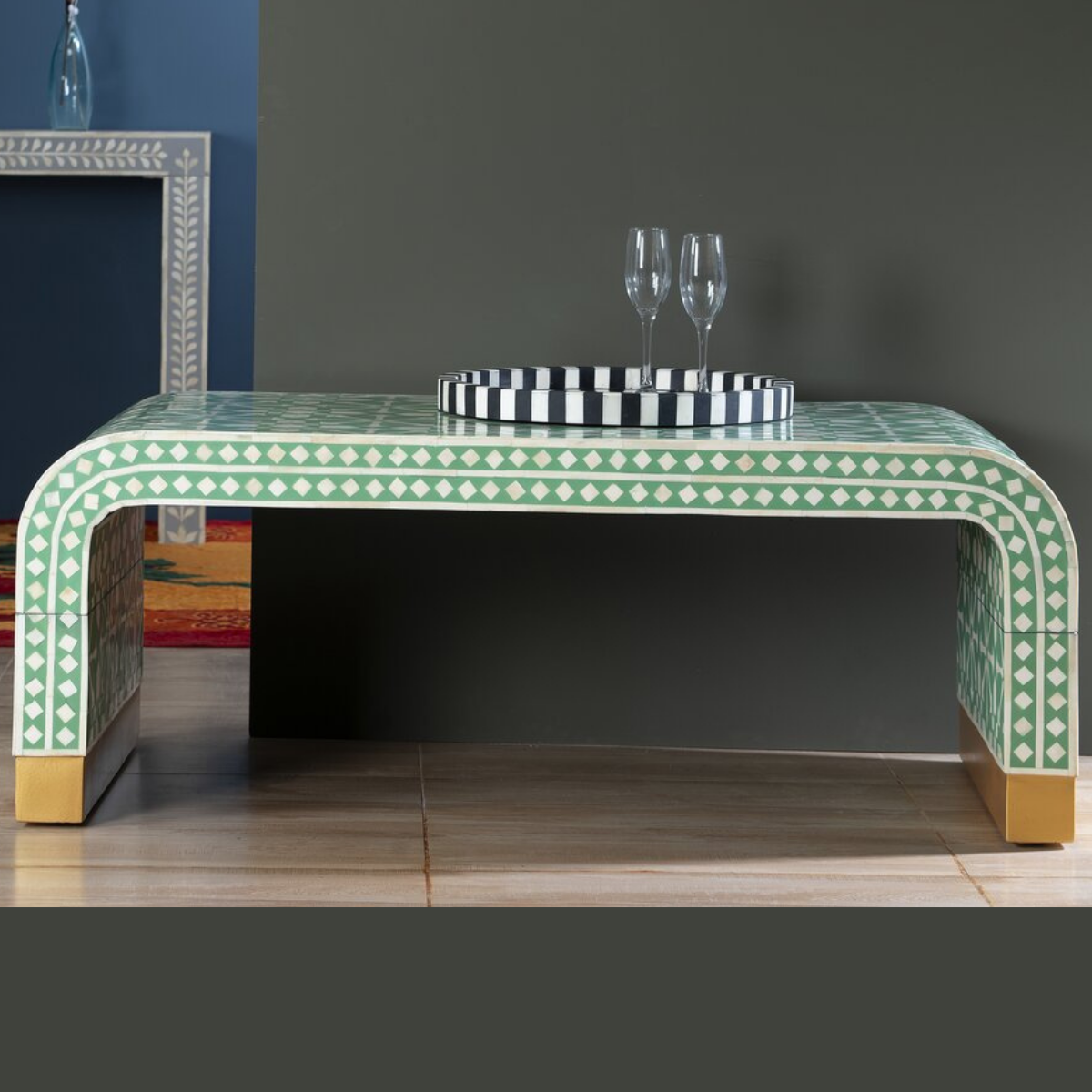 Handmade Green Arrow Bone Inlay Coffee Table | Modern Geometric Center Table
