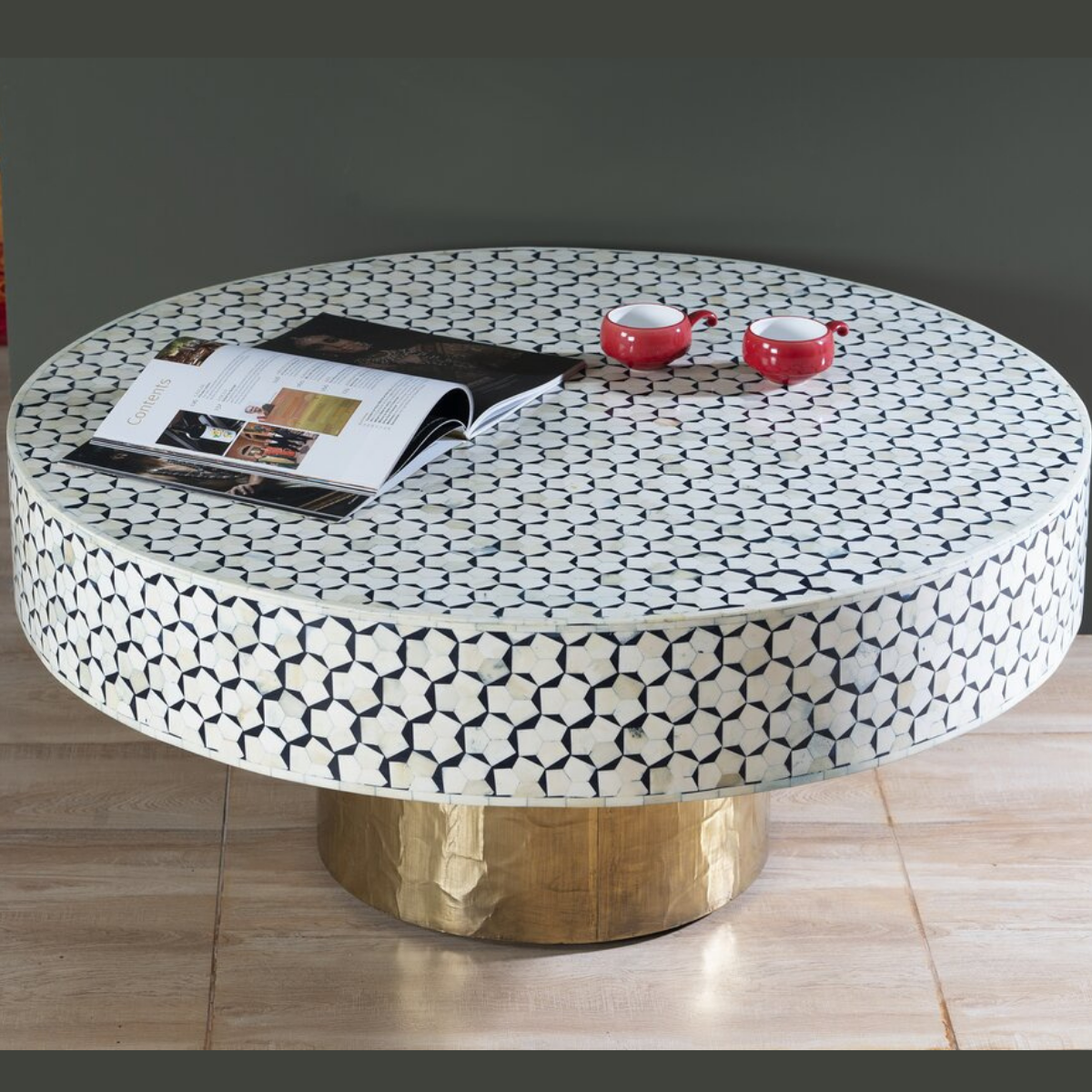 Handmade Bone Inlay Round Coffee Table with Brass Base | Luxury Center Table