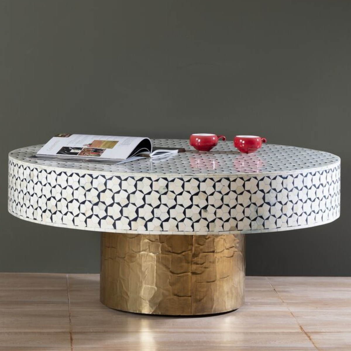 Handmade Bone Inlay Round Coffee Table with Brass Base | Luxury Center Table