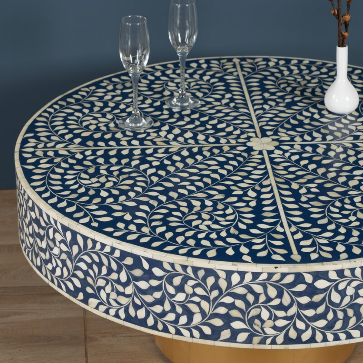 Handmade Blue Bone Inlay Round Coffee Table with Gold Base | Floral Center Table