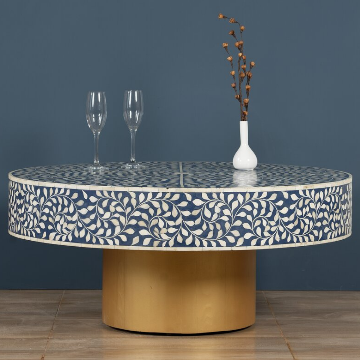 Handmade Blue Bone Inlay Round Coffee Table with Gold Base | Floral Center Table