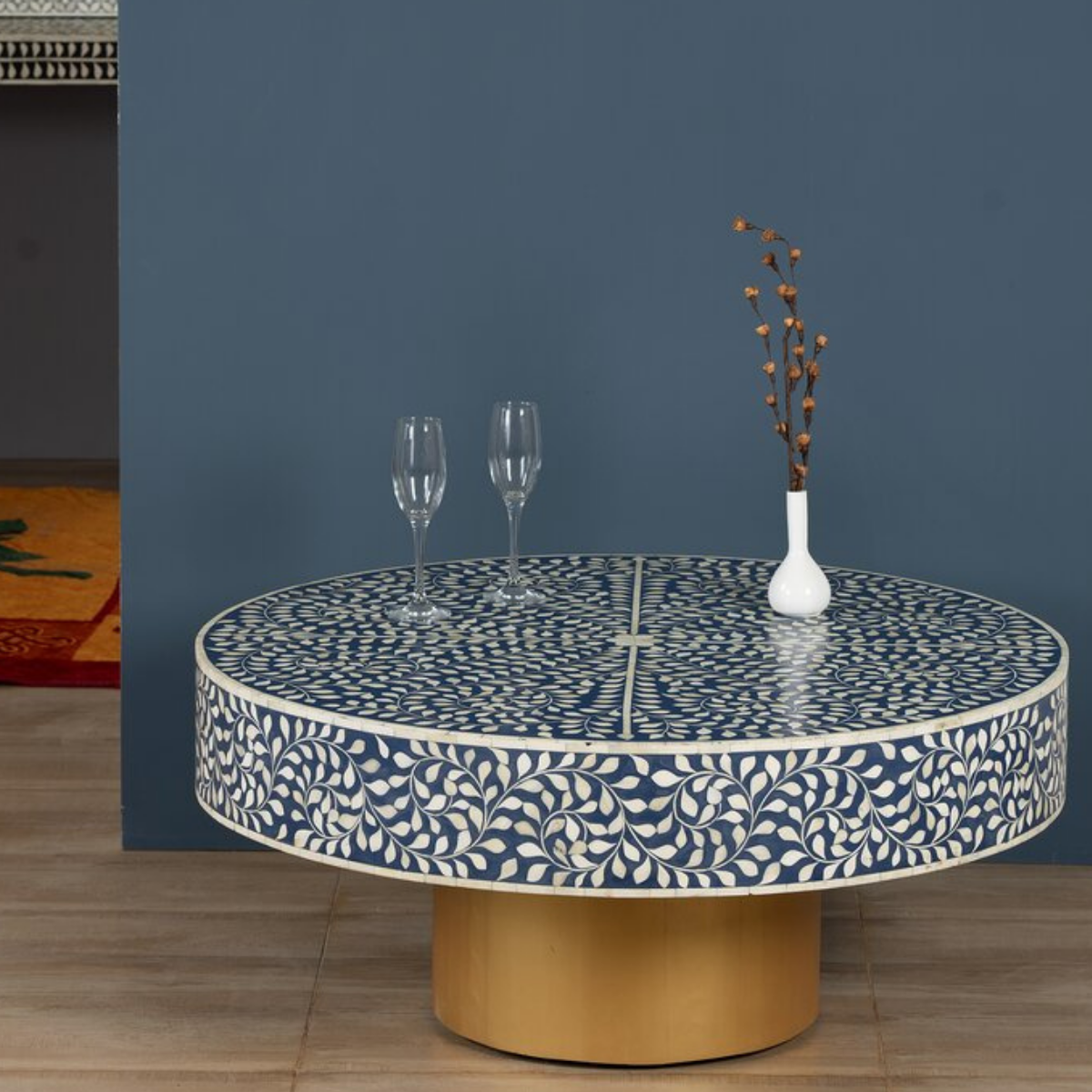 Handmade Blue Bone Inlay Round Coffee Table with Gold Base | Floral Center Table