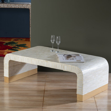 Handmade White Bone Inlay Waterfall Coffee Table | Modern Luxury Coffee Table