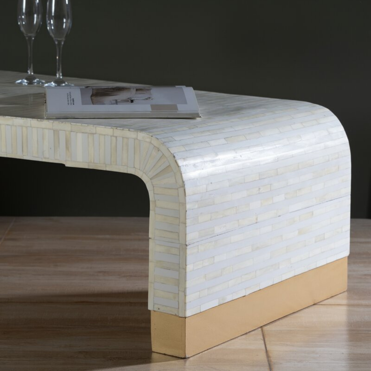 Handmade White Bone Inlay Waterfall Coffee Table | Modern Luxury Coffee Table