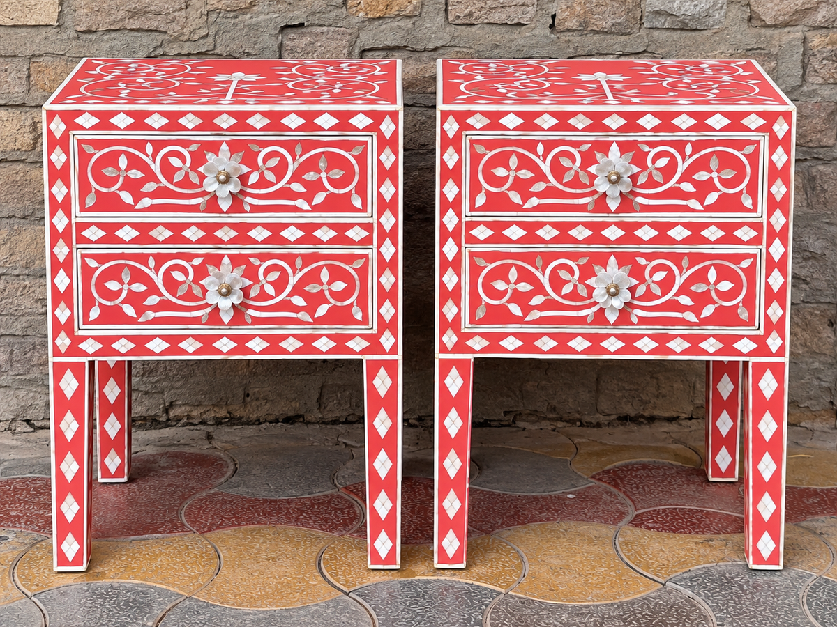 Set of 2 Coral Red Mother of Pearl Inlay Bedside Tables – Handmade Floral 2 Drawer Nightstands