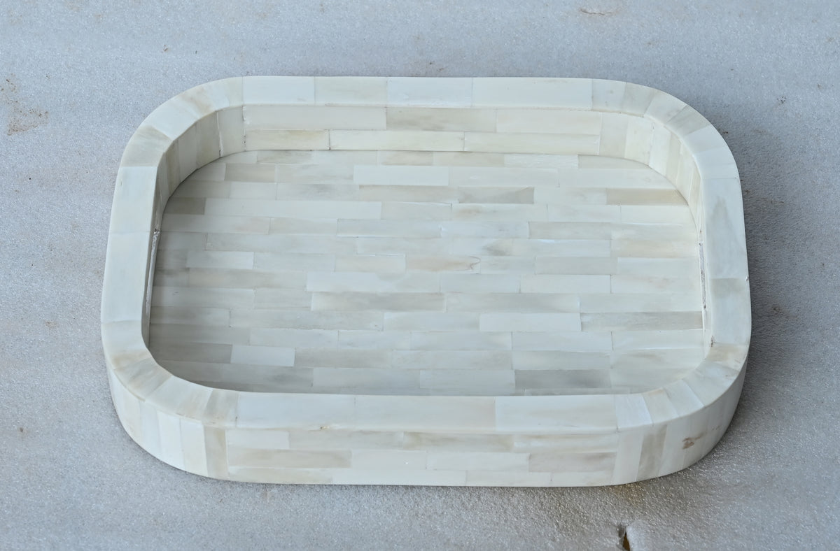 Handmade White Bone Inlay Serving Tray – Rectangular Decorative Tray