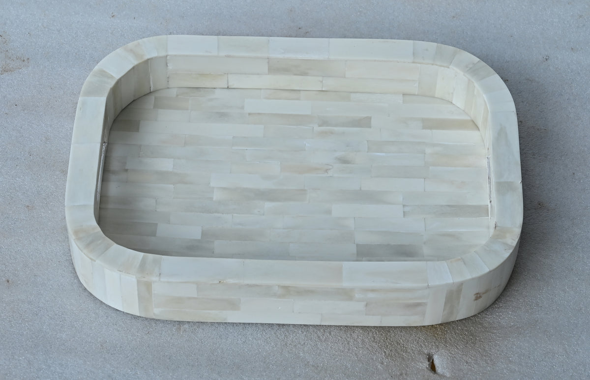 Handmade White Bone Inlay Serving Tray – Rectangular Decorative Tray