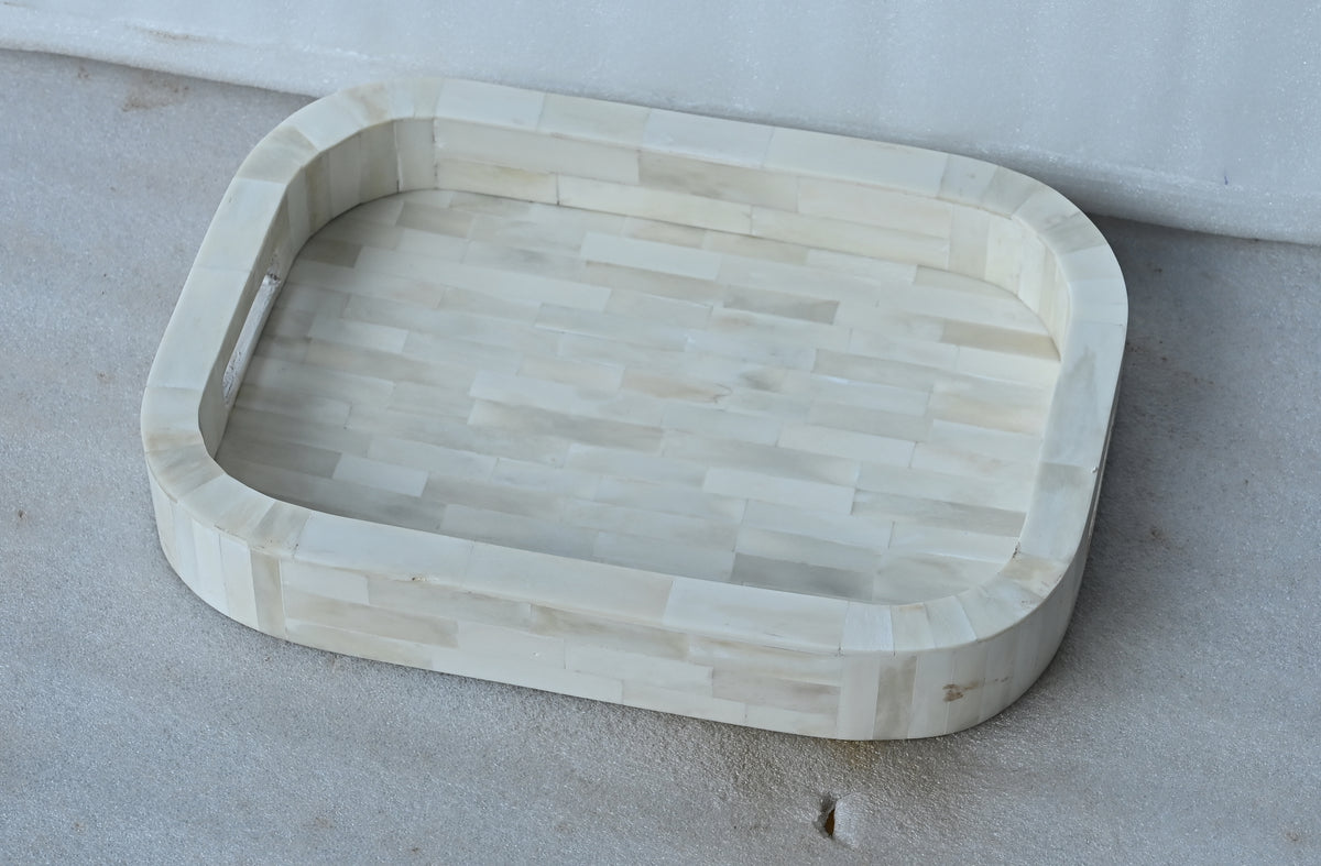 Handmade White Bone Inlay Serving Tray – Rectangular Decorative Tray