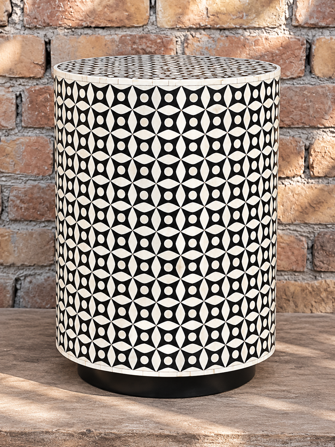 Handmade Black & White Bone Inlay End Table – Geometric Round Drum Side Table