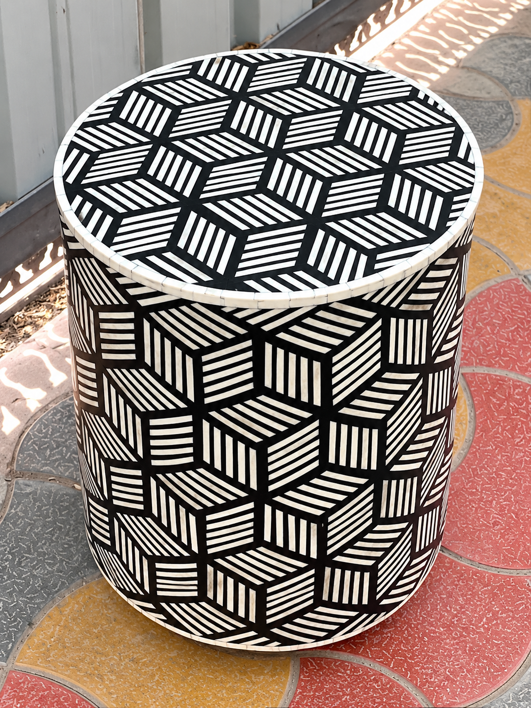 Handmade Black & White Bone Inlay End Table – Geometric Cube Round Side Table