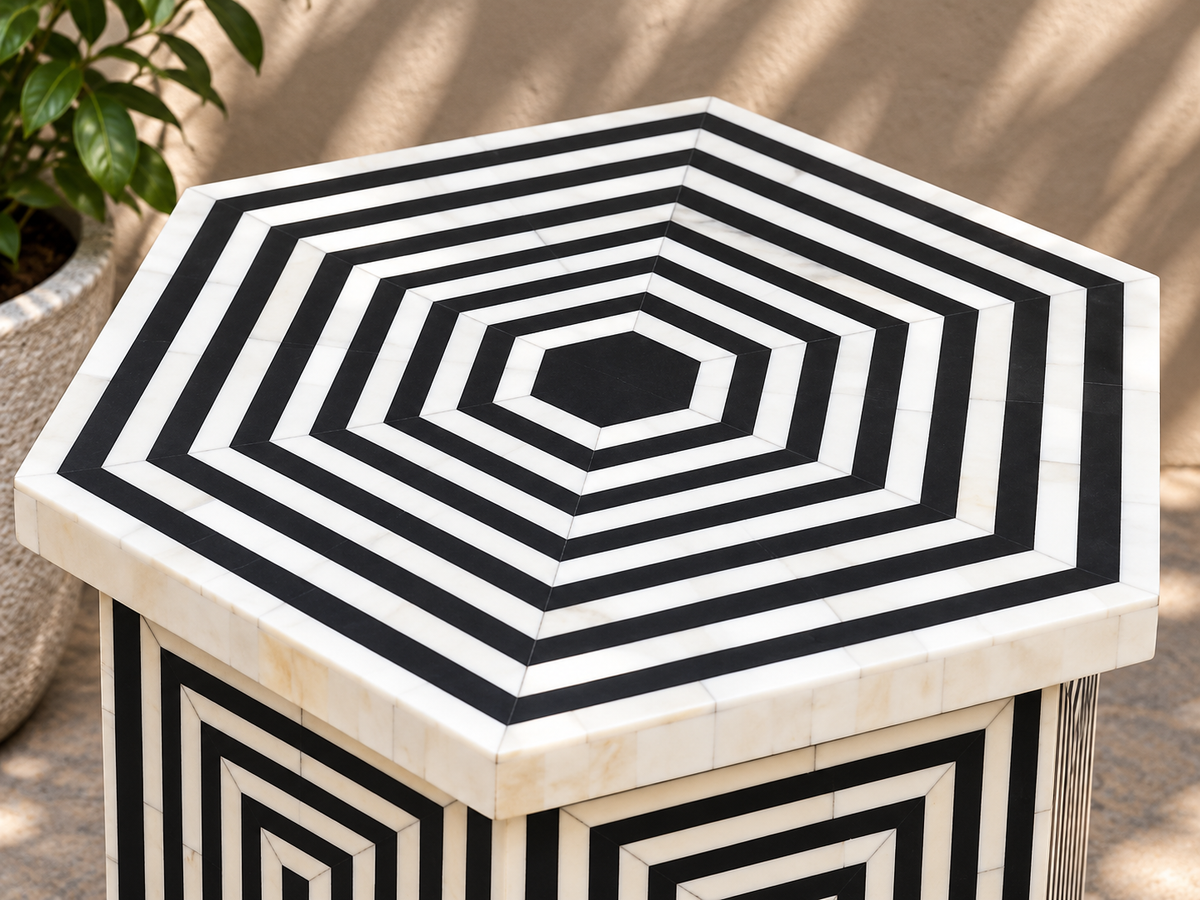Handmade Black & White Bone Inlay End Table – Geometric Hexagon Moroccan Side Table