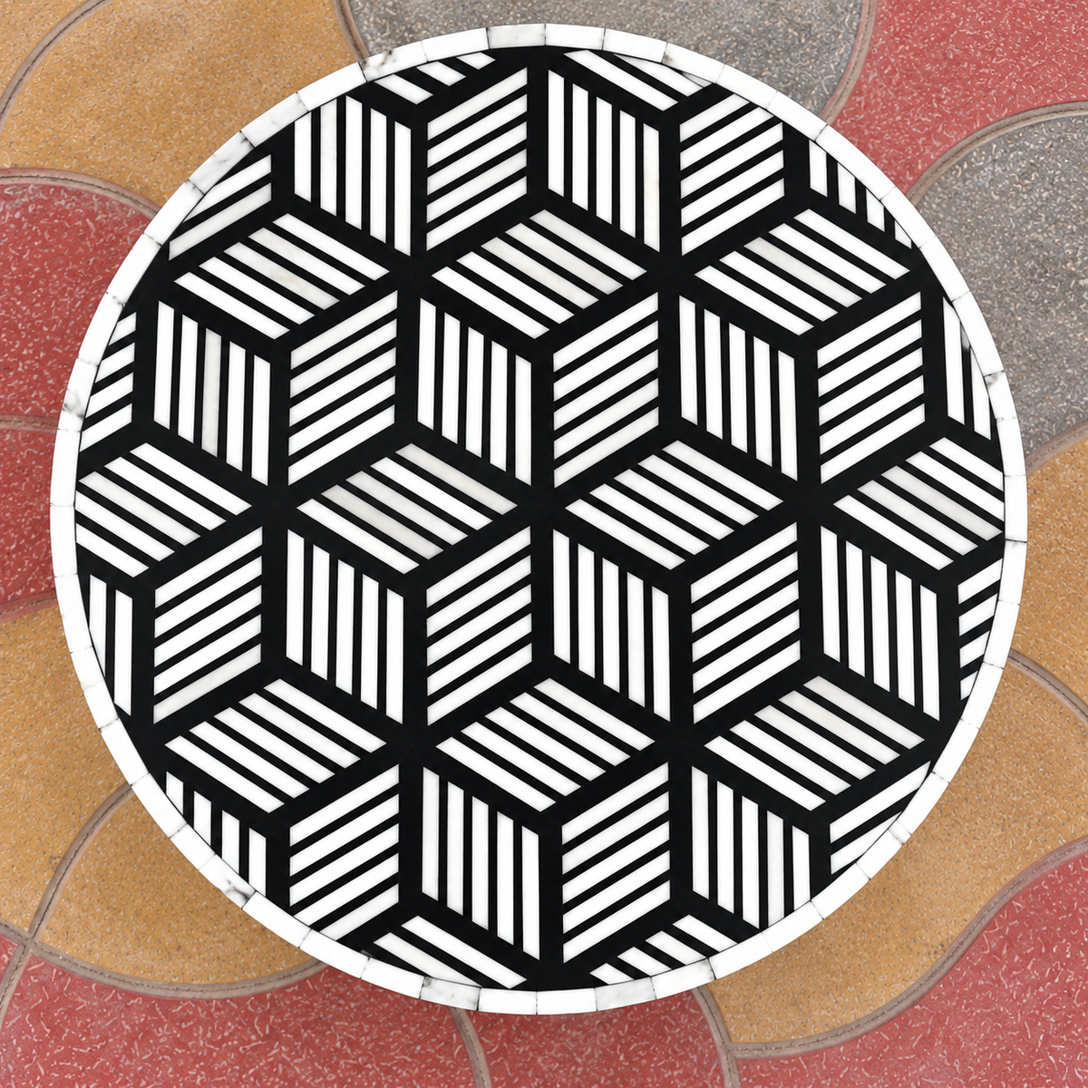 Handmade Black & White Bone Inlay End Table – Geometric Cube Round Side Table