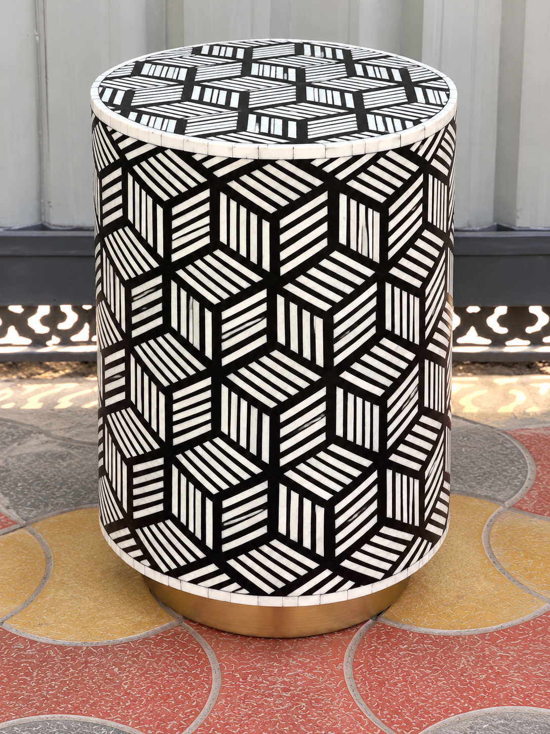 Handmade Black & White Bone Inlay End Table – Geometric Cube Round Side Table