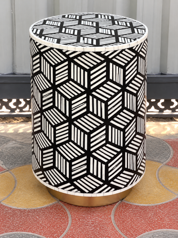 Handmade Black & White Bone Inlay End Table – Geometric Cube Round Side Table