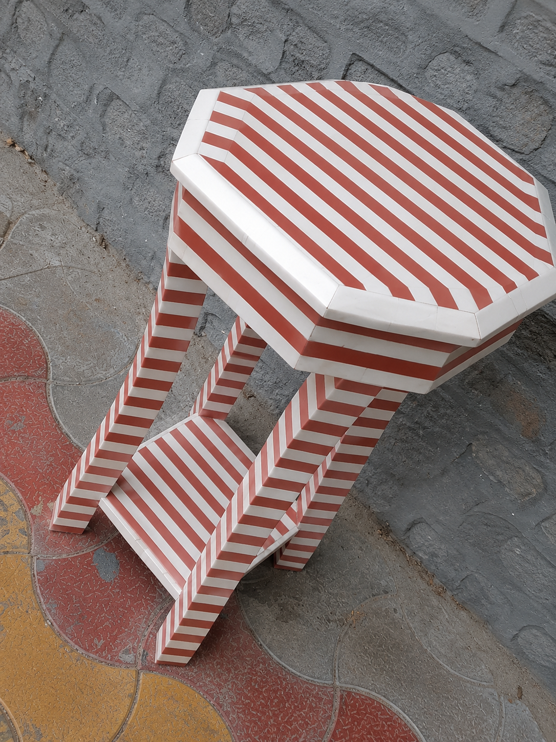 Terracotta Striped Bone Inlay End Table – Octagonal Side Table