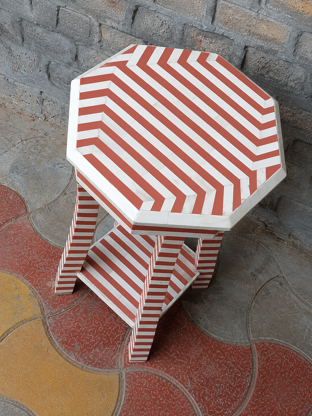 Terracotta Striped Bone Inlay End Table – Octagonal Side Table