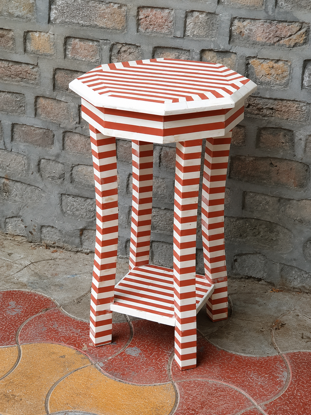Terracotta Striped Bone Inlay End Table – Octagonal Side Table