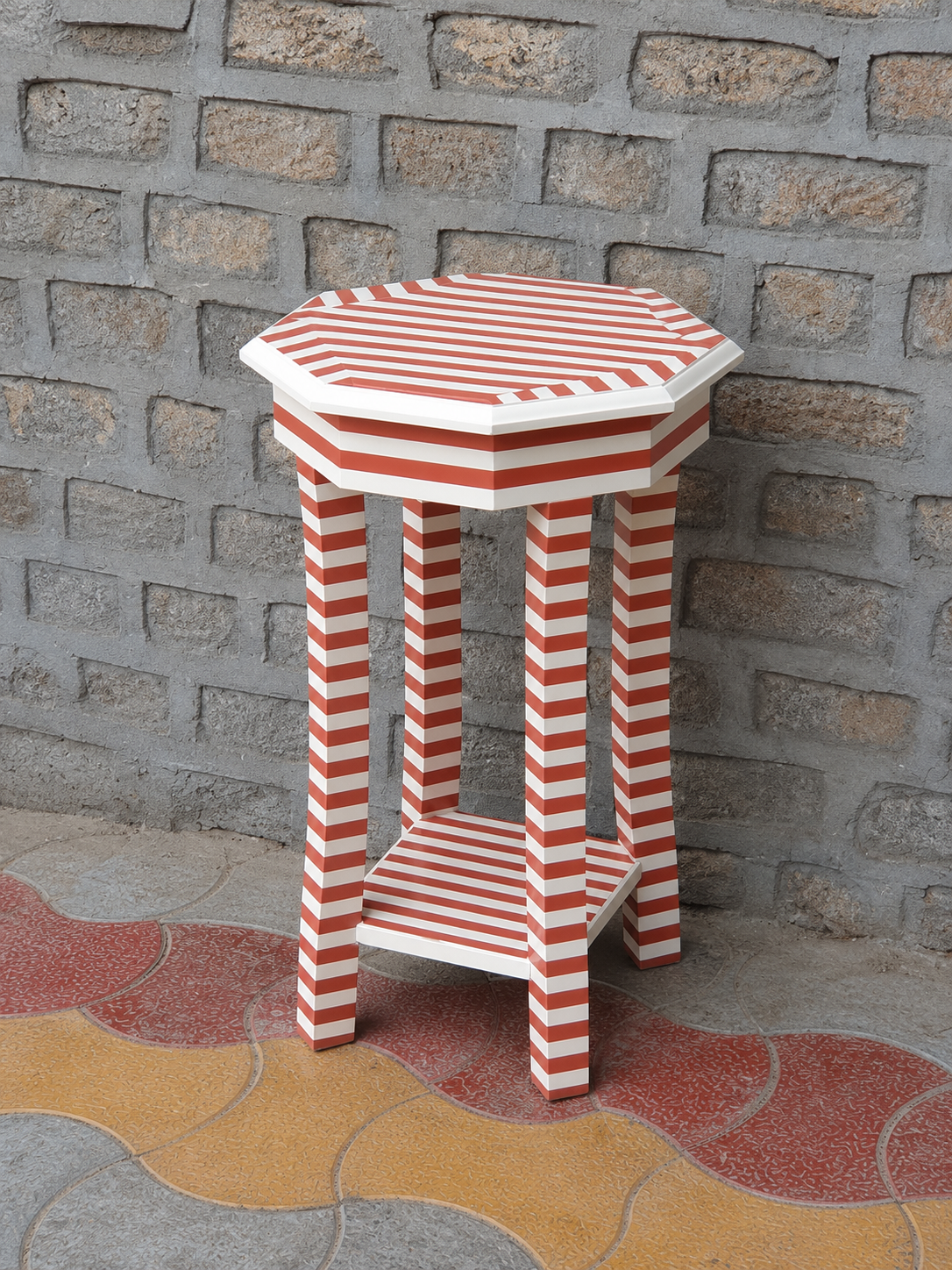 Terracotta Striped Bone Inlay End Table – Octagonal Side Table