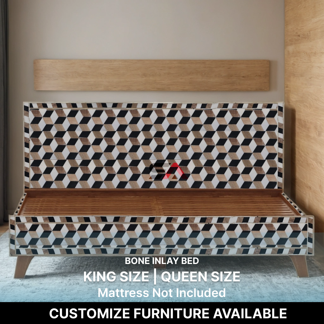 Geometric Bone Inlay Bed Cube Pattern Wood Inlay Bed Frame Handmade Luxury Platform Bed Modern Designer Bedroom Furniture