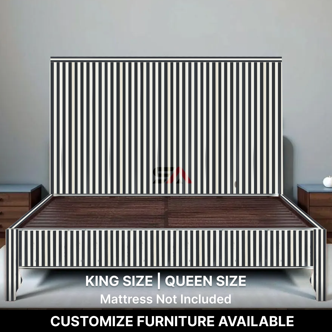 Black White Stripe Bone Inlay Bed Minimal Handmade Modern Platform Bed Frame