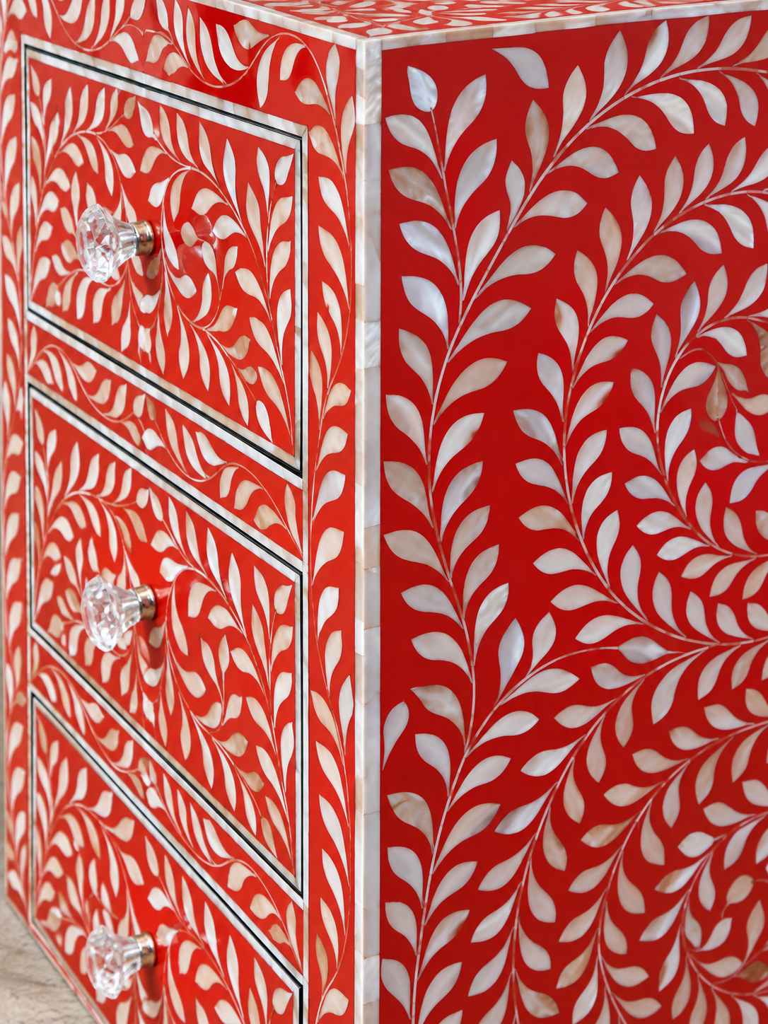 Red Mother of Pearl Inlay Bedside Table – Handmade Floral 3 Drawer Nightstand
