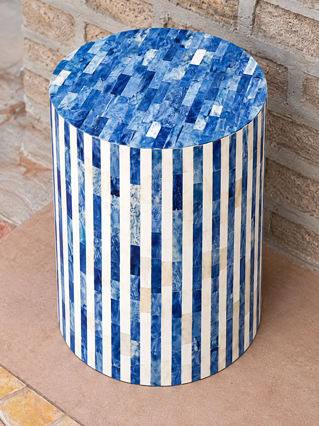 Handmade Blue & White Bone Inlay End Table – Striped Round Drum Side Table