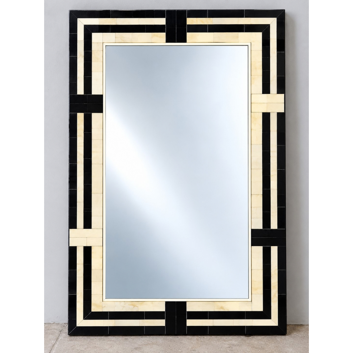 Handmade Black & Ivory Bone Inlay Mirror – Geometric Rectangular Wall Mirror