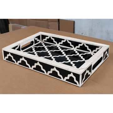 Handmade Black & White Bone Inlay Serving Tray – Moroccan Geometric Design