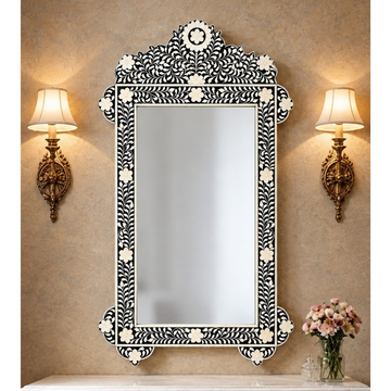 Handmade Black & White Bone Inlay Mirror – Ornate Floral Rectangular Wall Mirror