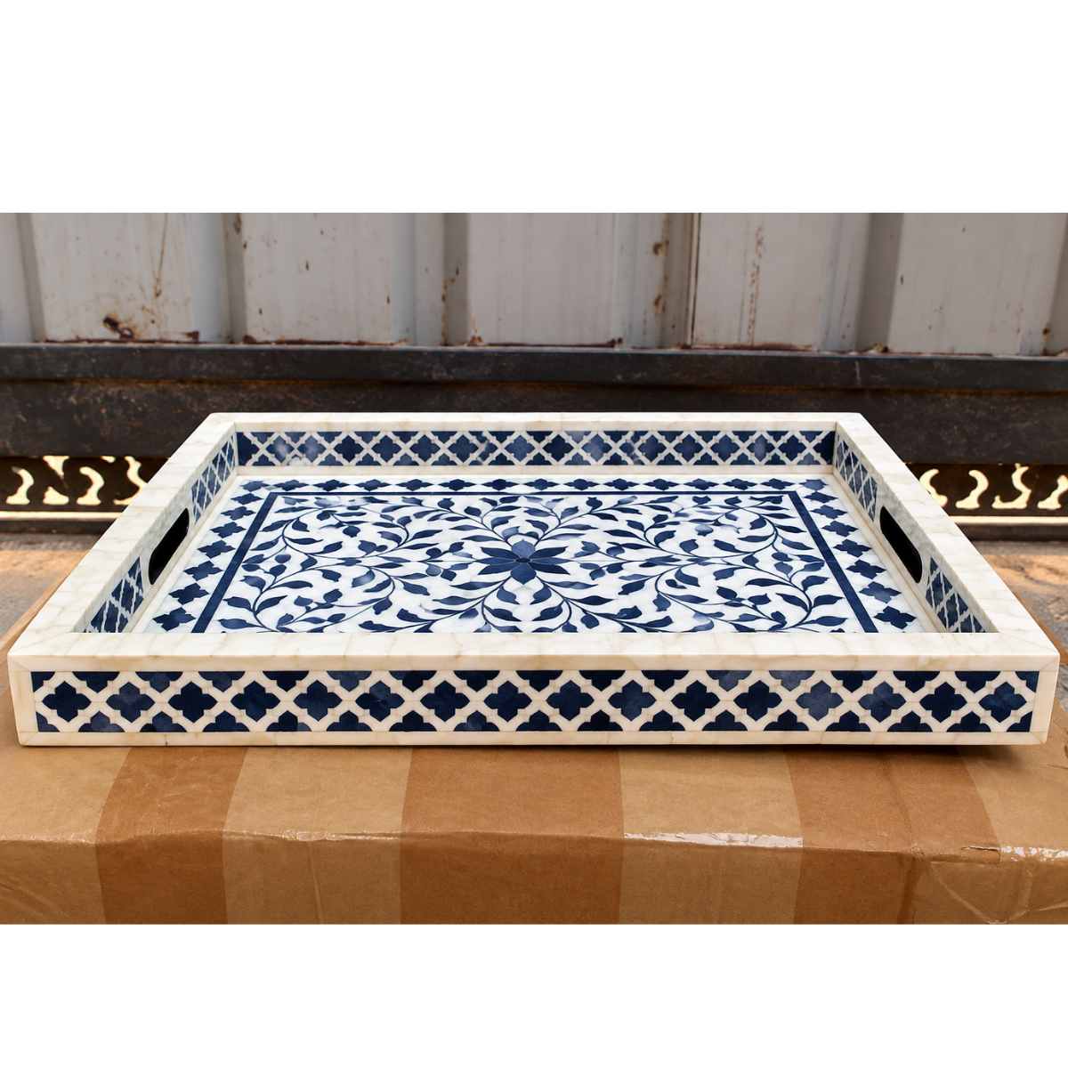 Handmade Blue & White Bone Inlay Serving Tray – Floral Design