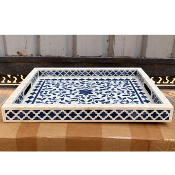Handmade Blue & White Bone Inlay Serving Tray – Floral Design
