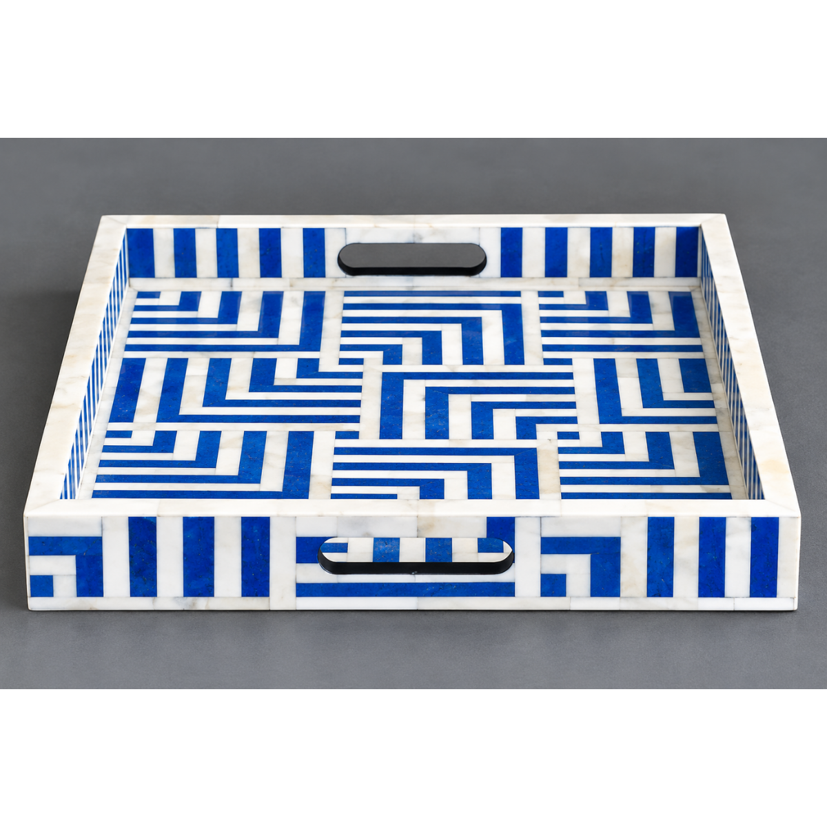 Handmade Blue & White Bone Inlay Serving Tray – Geometric Maze Design
