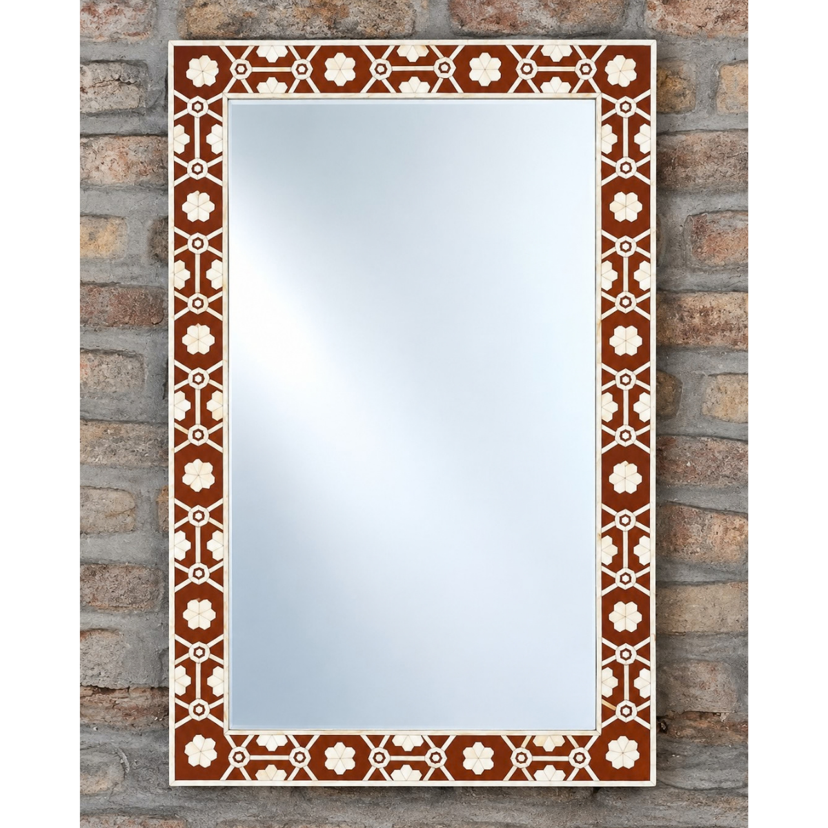 Handmade Brown Bone Inlay Mirror – Geometric Floral Rectangular Wall Mirror