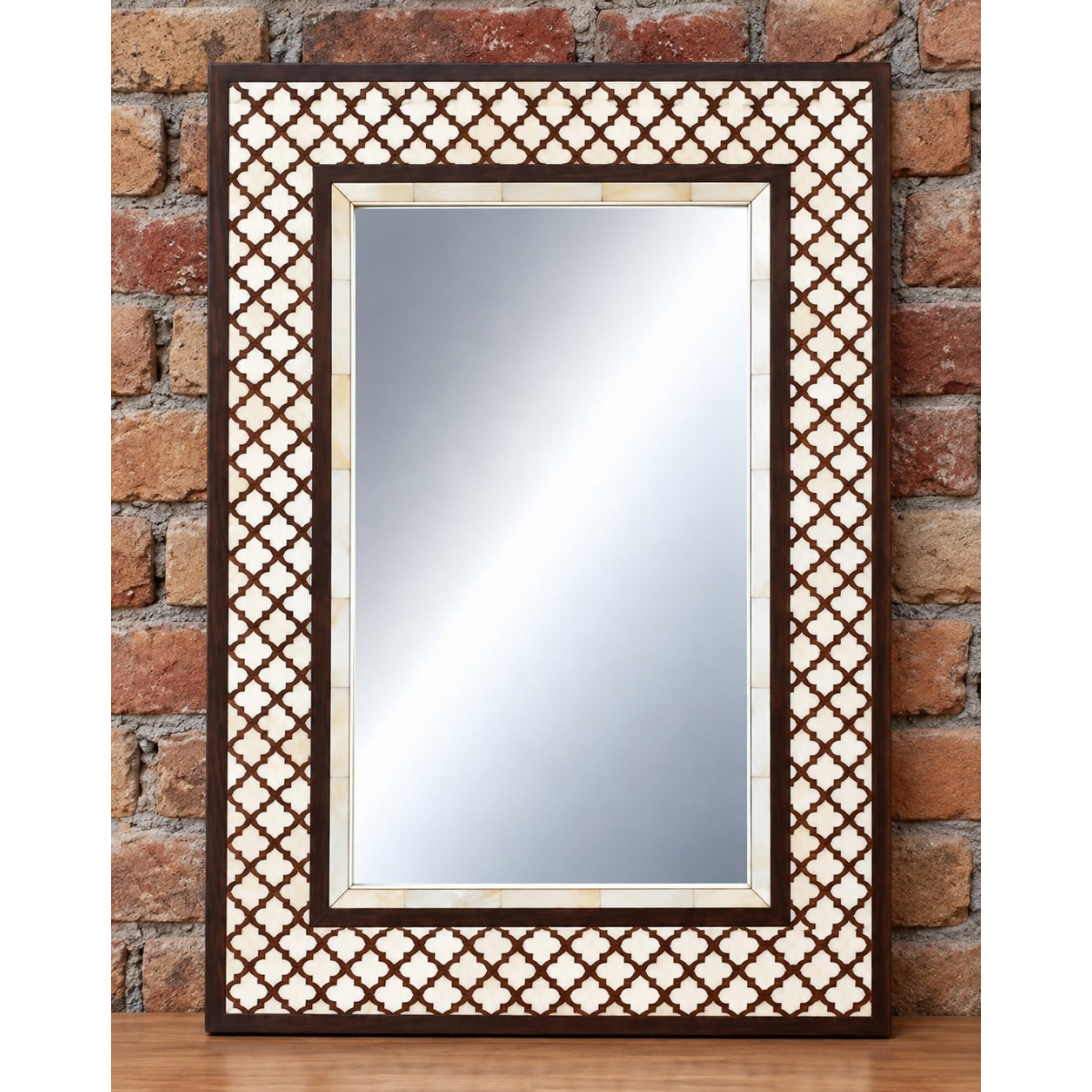 Handmade Brown & Ivory Bone Inlay Mirror – Geometric Moroccan Wall Mirror