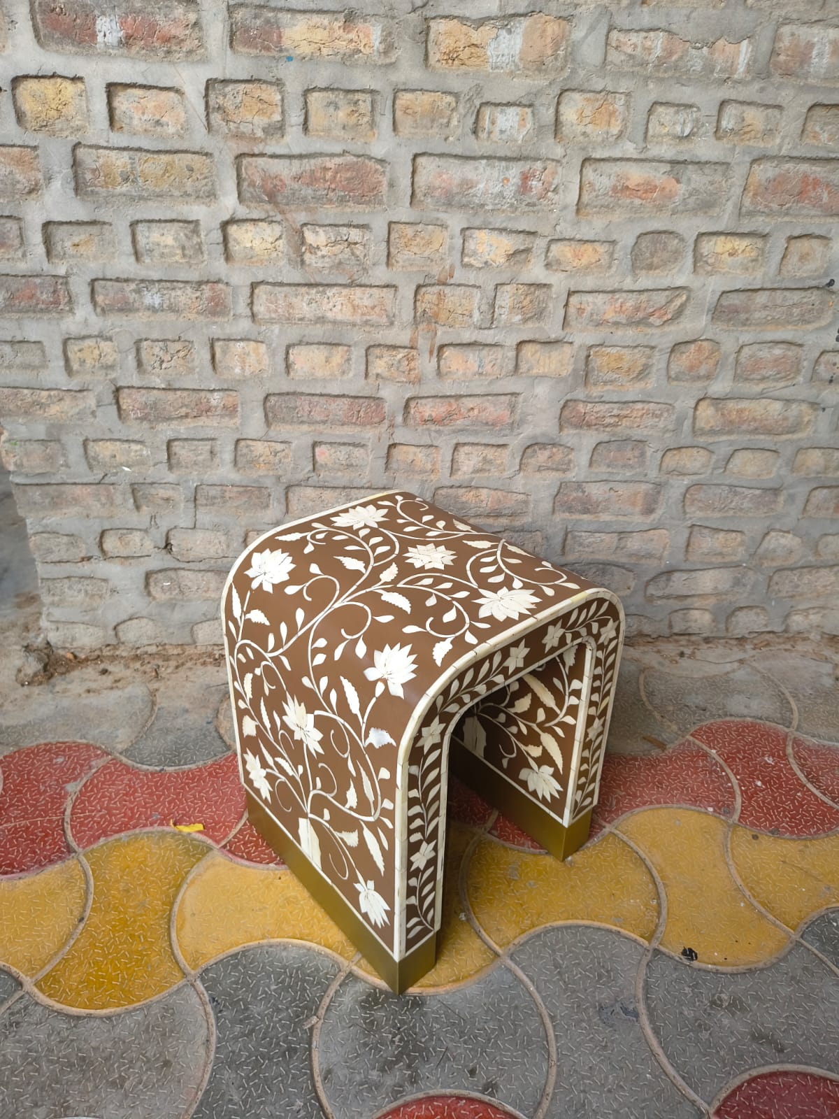 Brown Floral Bone Inlay Waterfall End Table – Handmade Side Table with Gold Base