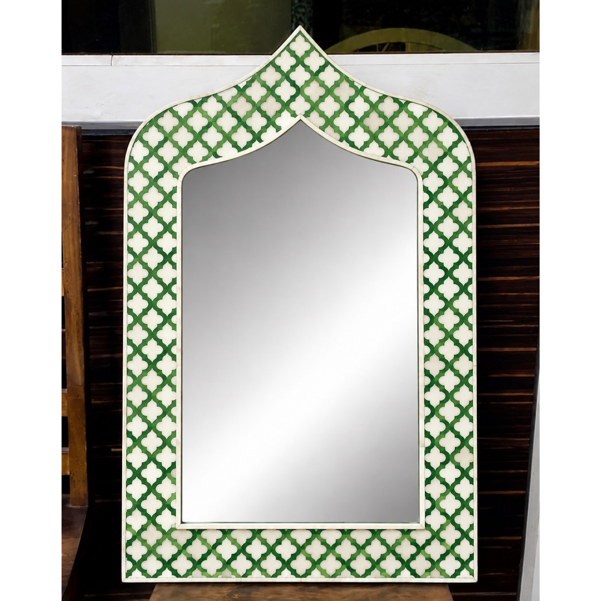 Handmade Green Bone Inlay Arch Mirror – Moroccan Trellis Wall Mirror