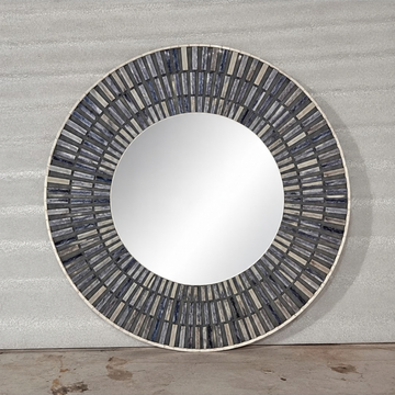 Handmade Grey Geometric Round Wall Mirror – Mosaic Sunburst Design