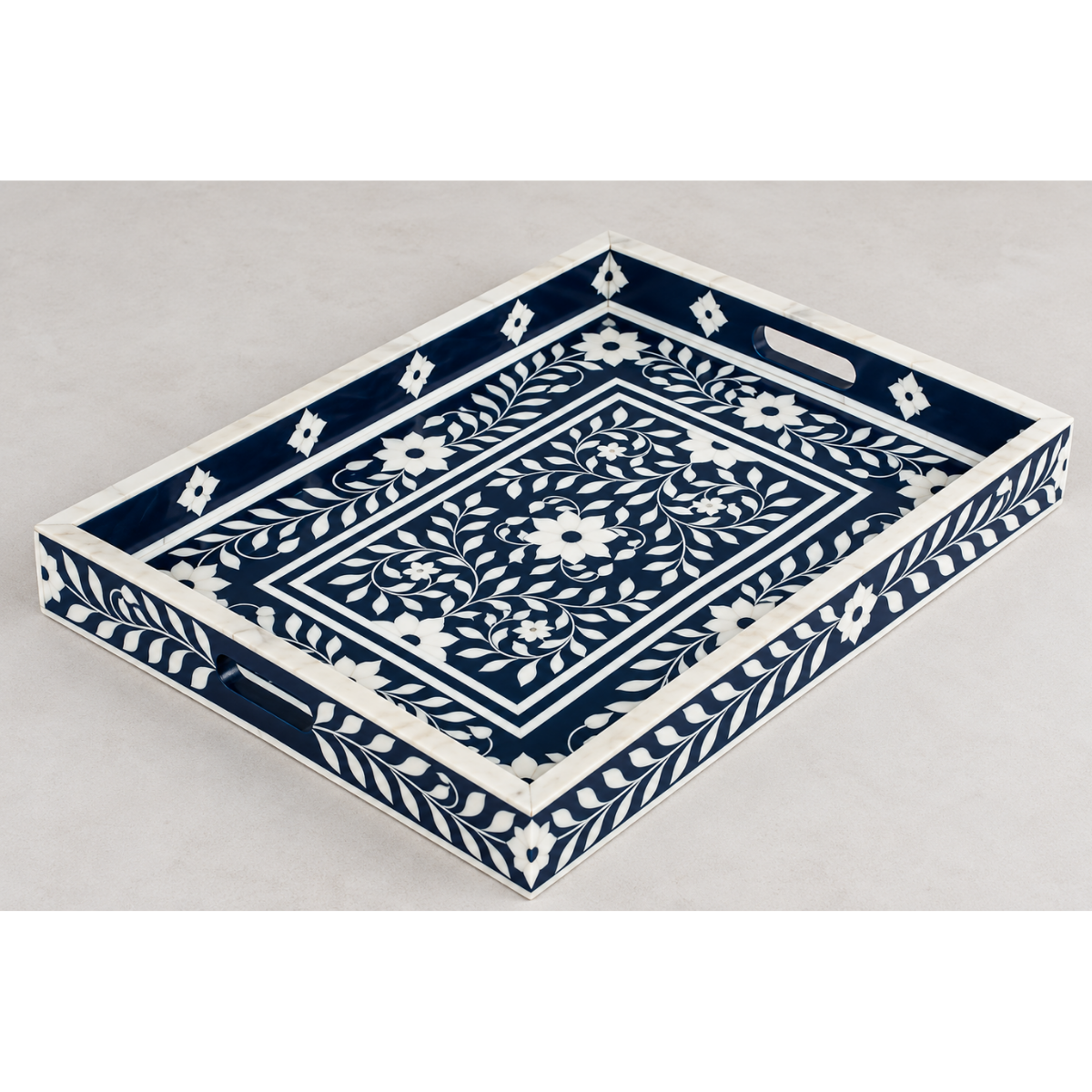 Handmade Navy Blue Bone Inlay Serving Tray – Floral Design with Handles