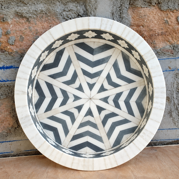 Handmade Round Grey & White Bone Inlay Serving Tray – Star Geometric Design