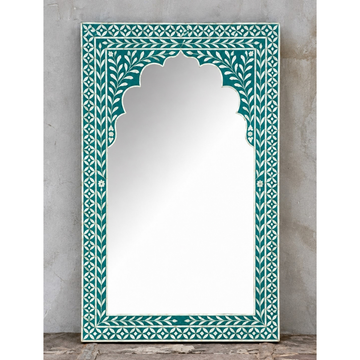 Handmade Turquoise Bone Inlay Arch Mirror – Floral Mughal Style Wall Mirror