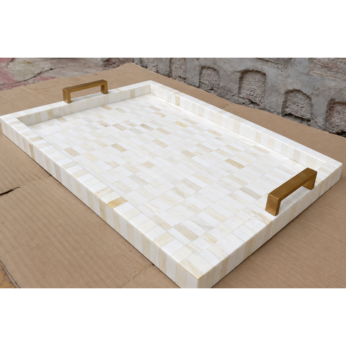 Handmade White Bone Inlay Serving Tray – Mosaic Design with Brass Handles