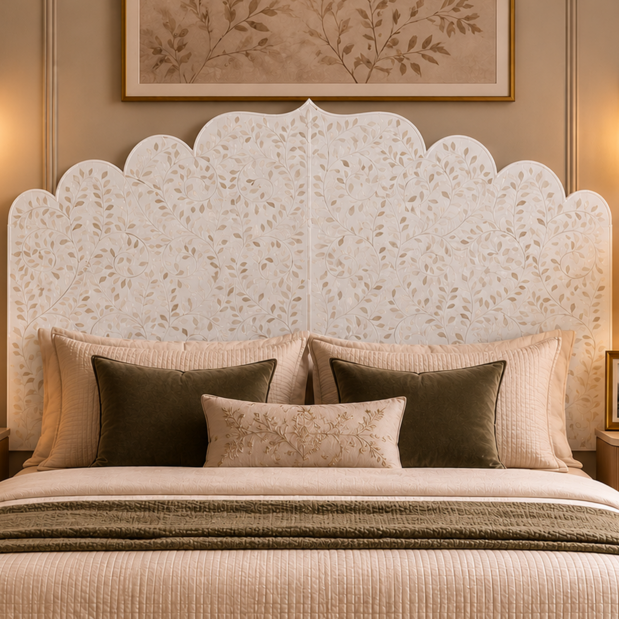 Handmade White Bone Inlay Headboard | Floral Bone Inlay Bed Headboard | Luxury Bedroom Furniture