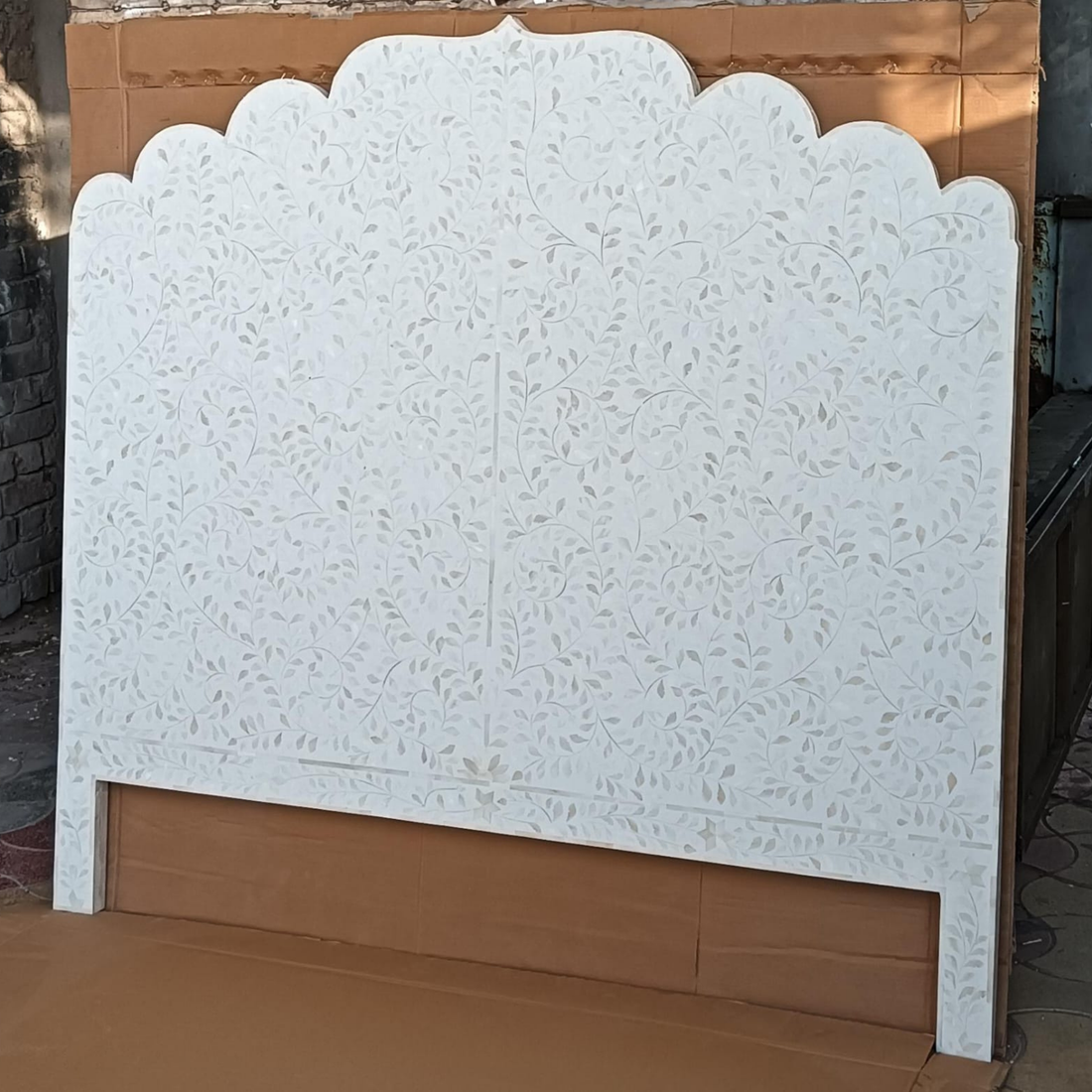 Handmade White Bone Inlay Headboard | Floral Bone Inlay Bed Headboard | Luxury Bedroom Furniture