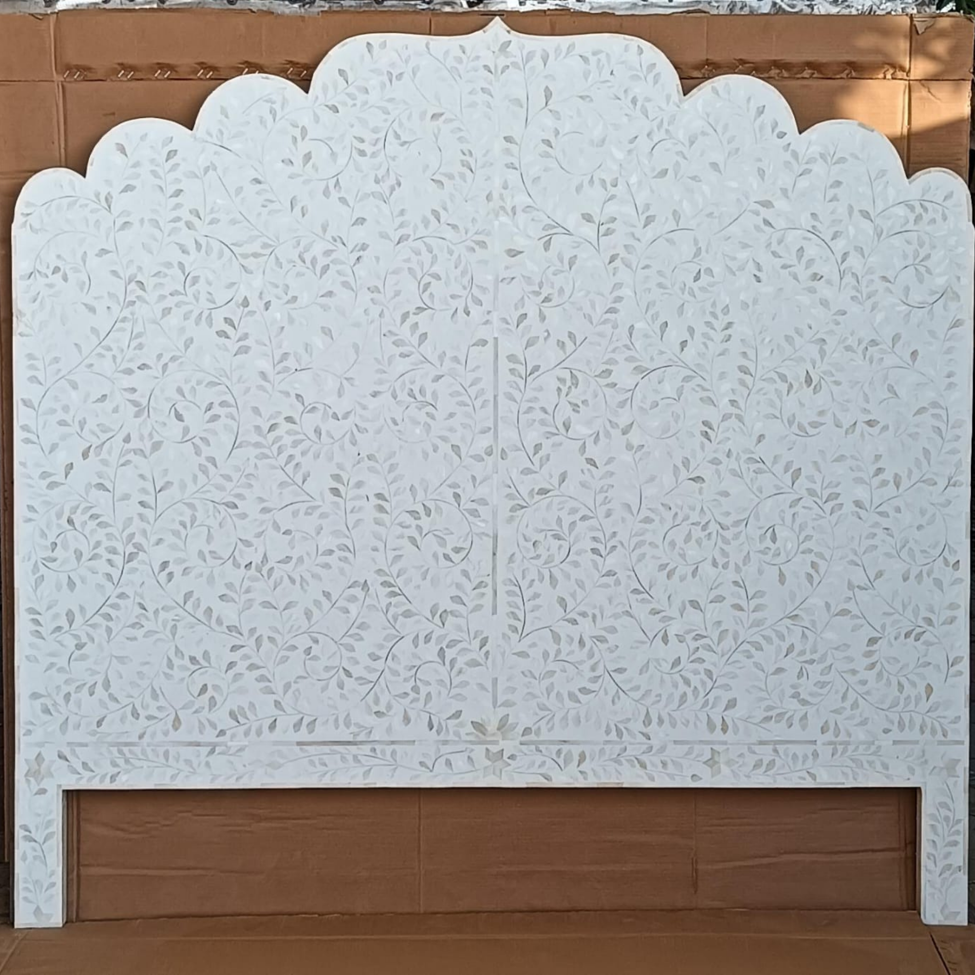 Handmade White Bone Inlay Headboard | Floral Bone Inlay Bed Headboard | Luxury Bedroom Furniture