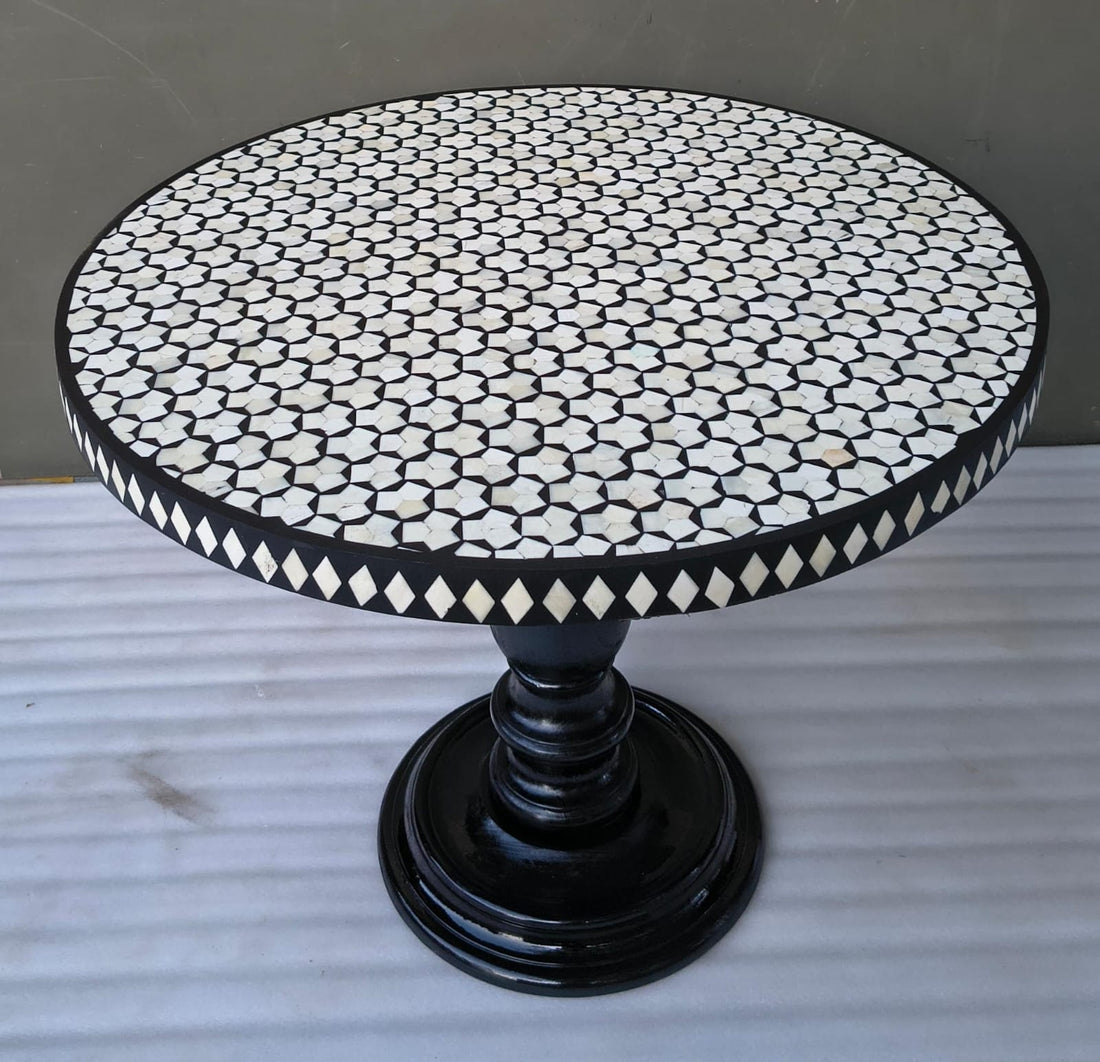 Handmade Black & White Geometric Bone Inlay Round Dining Table – Pedestal Base
