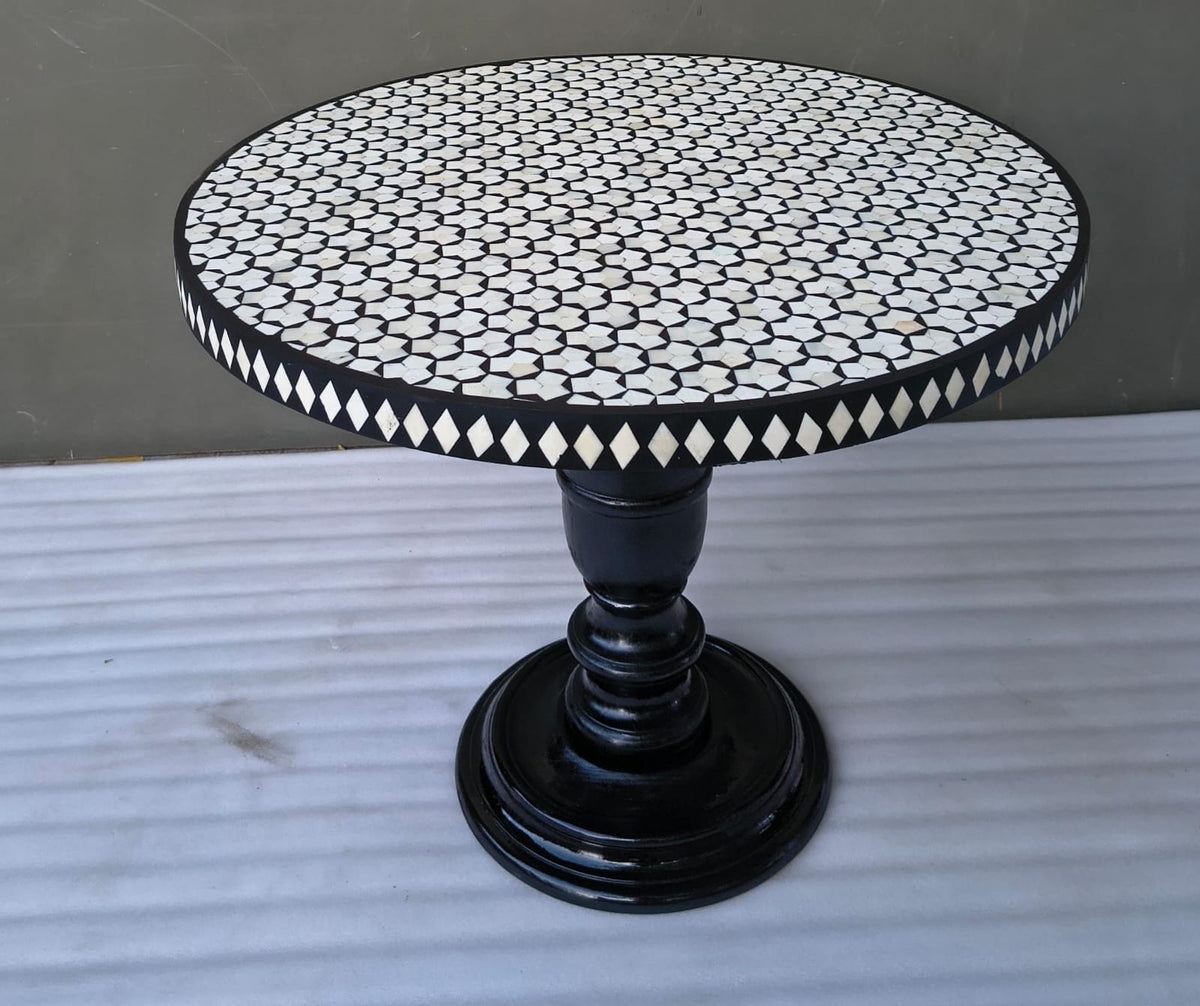 Handmade Black & White Geometric Bone Inlay Round Dining Table – Pedestal Base