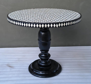 Handmade Black & White Geometric Bone Inlay Round Dining Table – Pedestal Base