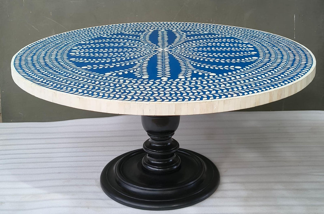 Handmade Blue & White Bone Inlay Round Dining Table – Botanical Vine Design