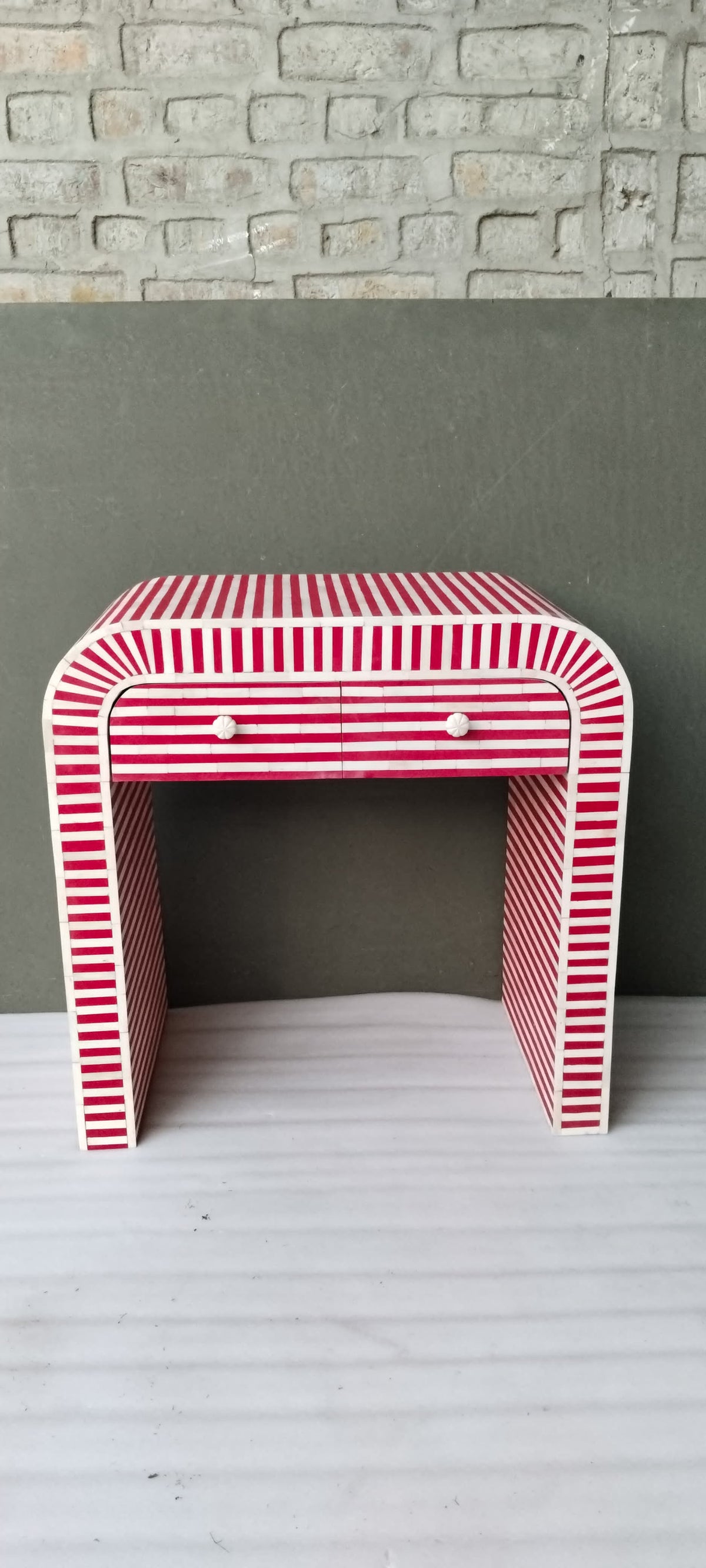 Handmade Red & White Striped Bone Inlay Nightstand – 2 Drawer Waterfall Bedside Table